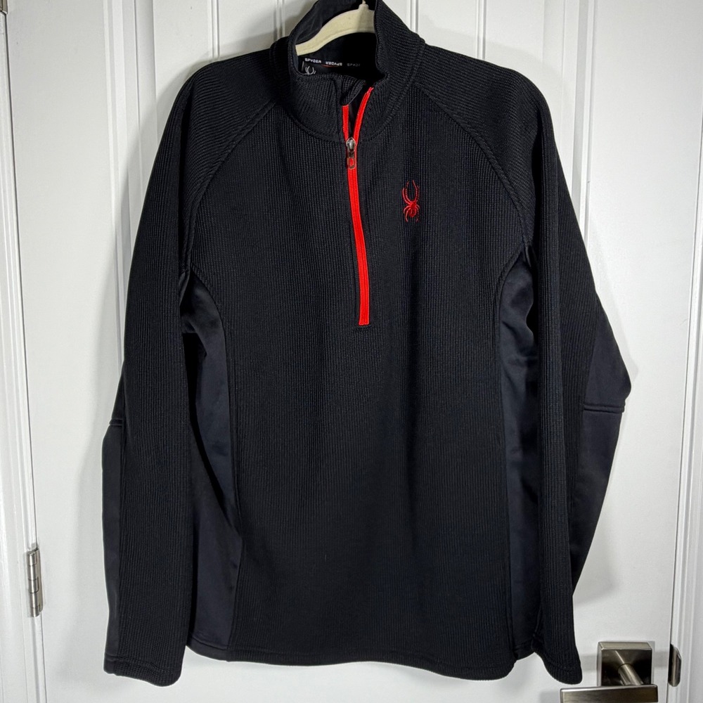 Spyder Mens XL Black Red Quarter Zip Waffle Knit Fleece Pullover Jacket 186400